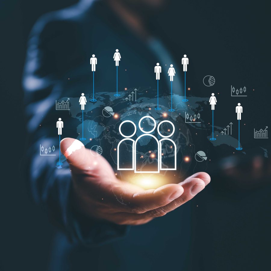 Customer Relationship Management, Businessman use tablet with global structure customer network technology, Data exchanges development. customer service, social media. digital marketing online.
