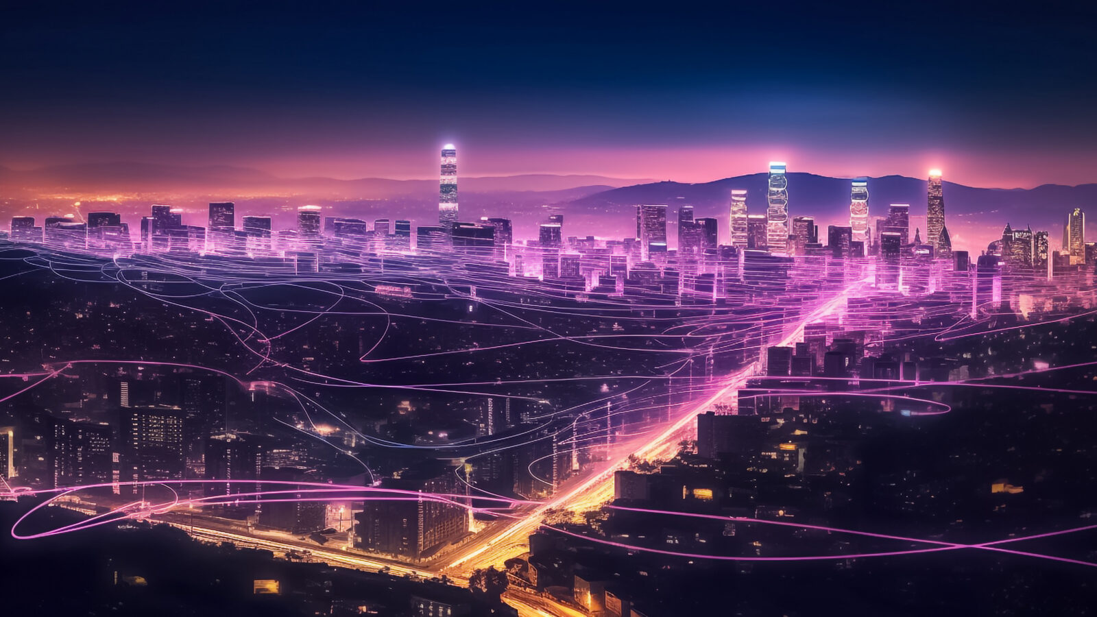 a mesmerizing urban landscape where the future meets artistry. Vivid purple and pink tones create a striking ambiance, enhanced by a digital line network and web effect generative AI.
